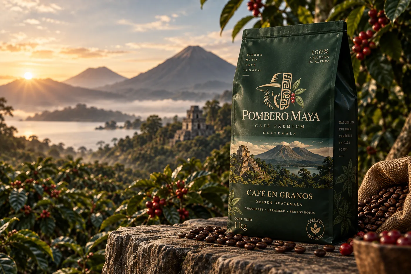 Bolsa de Pombero Maya Café en Granos frente a un cafetal guatemalteco al amanecer