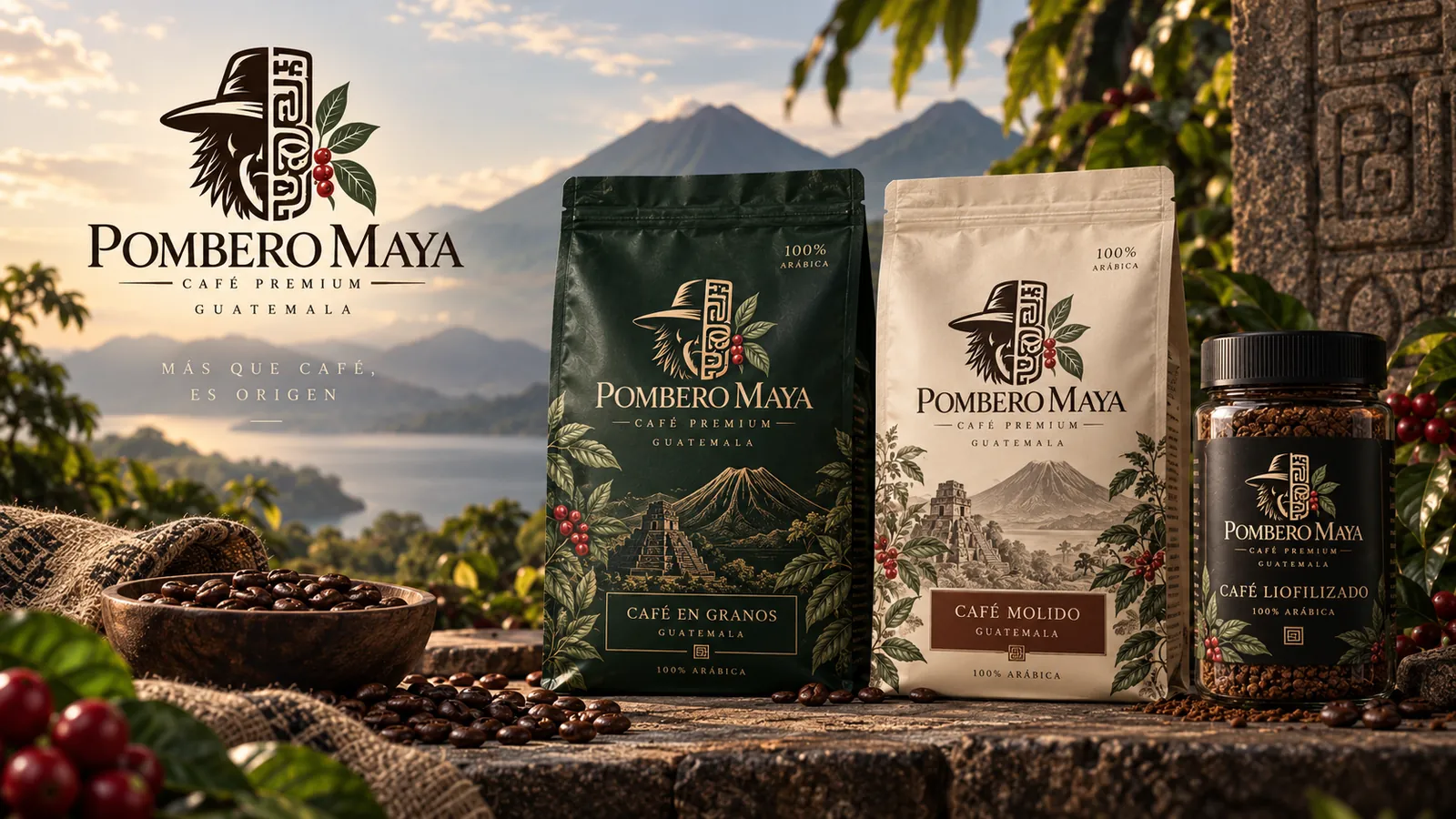 Línea Pombero Maya: café en granos, café molido y café liofilizado
